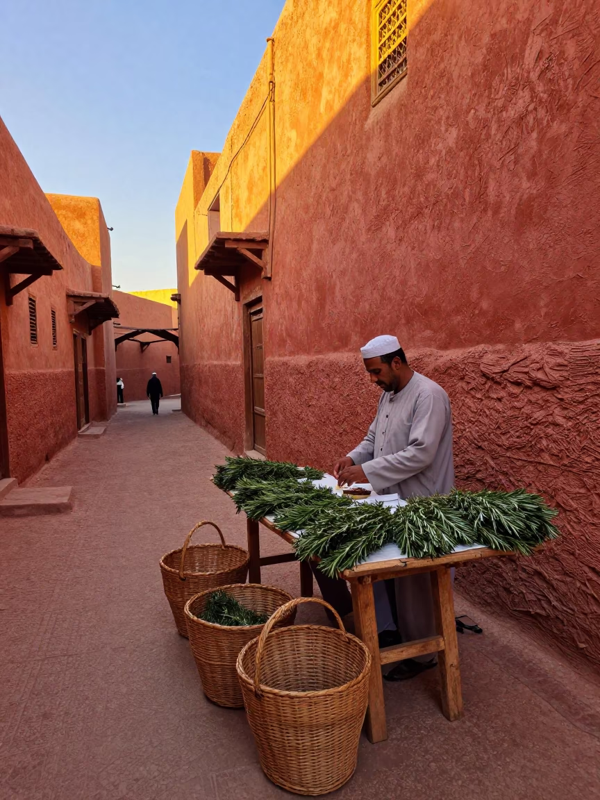 Sunset in Fez Morocco Street Scene with Rosemary and Twine Basket in in Fez, Morocco