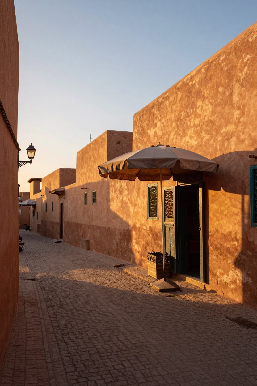 Sunset in Fez Morocco Street Scene with Umbrella Stand and Local Life in in Fez, Morocco