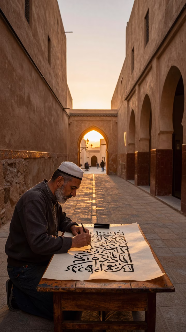 Sunset in Fez Morocco Traditional Calligraphy Demonstration in Ancient Medina Alleyway in in Fez, Morocco