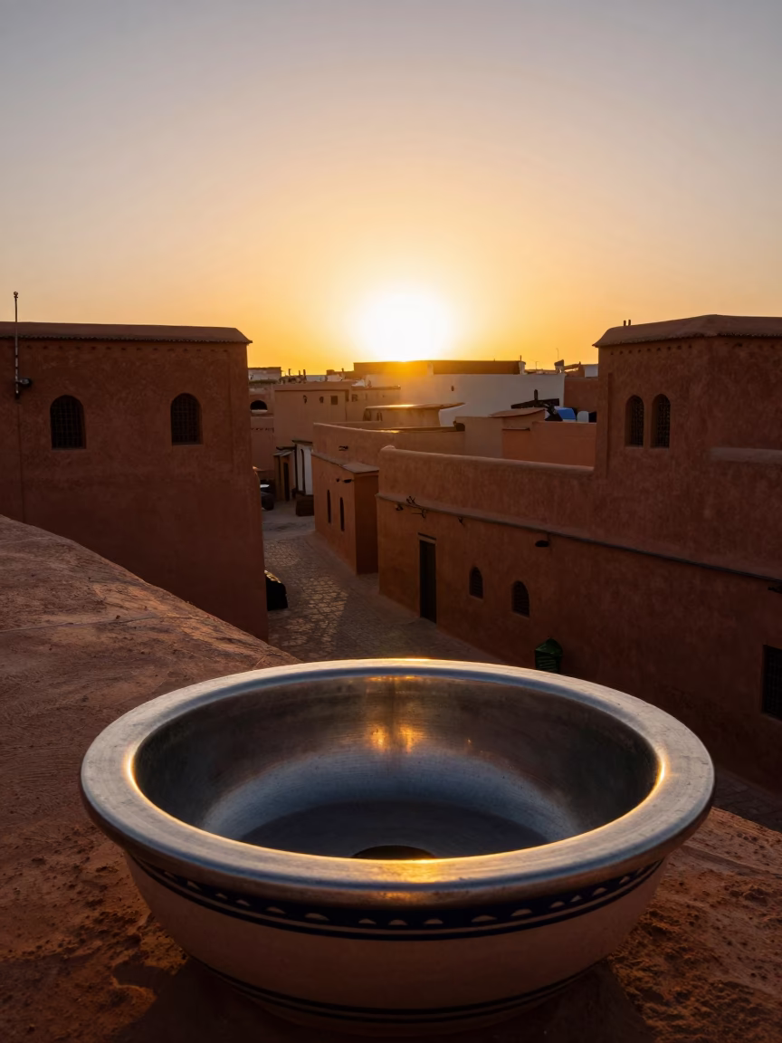 Sunset in Fez Morocco Traditional Ceramic Basin and Daily Life in in Fez, Morocco