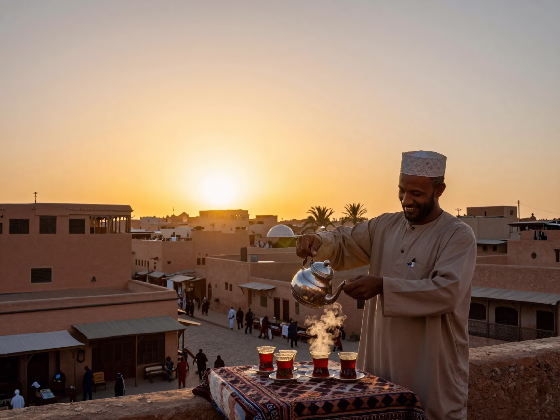 Sunset in Fez Morocco Traditional Tea Service and Street Life in in Fez, Morocco