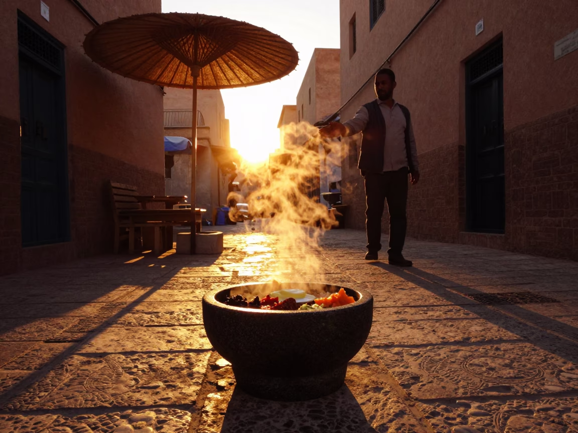 Sunset in Fez Morocco with Stone Bowl and Bamboo Parasol in in Fez, Morocco