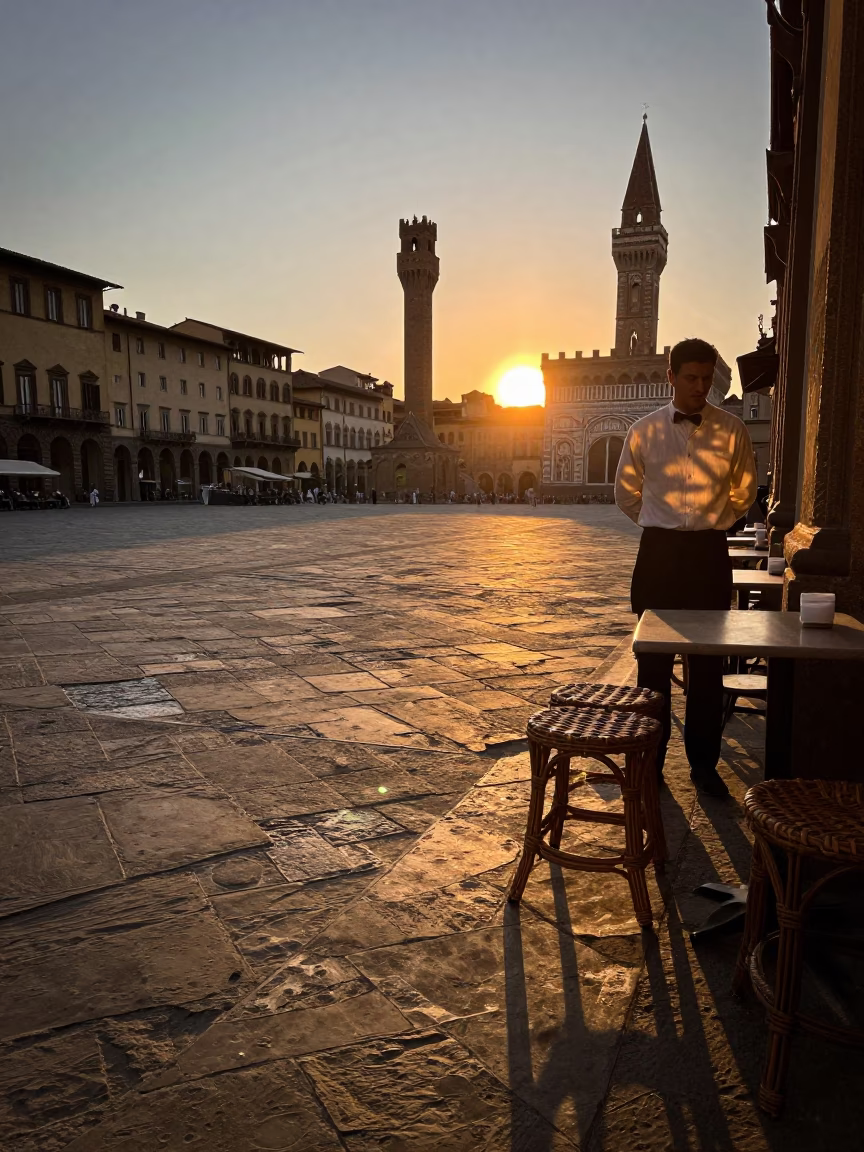 Sunset in Florence Italy Street Scene with Wicker Shadow on Stool Leg in in Florence, Italy
