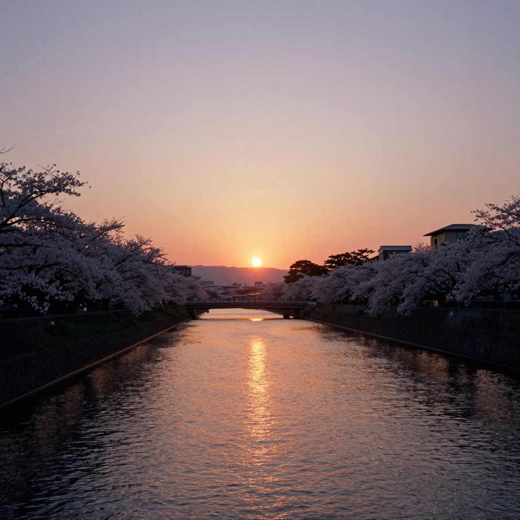 Sunset in Fukuoka at As The Sun Drops Toward The Horizon in in Fukuoka, Japan