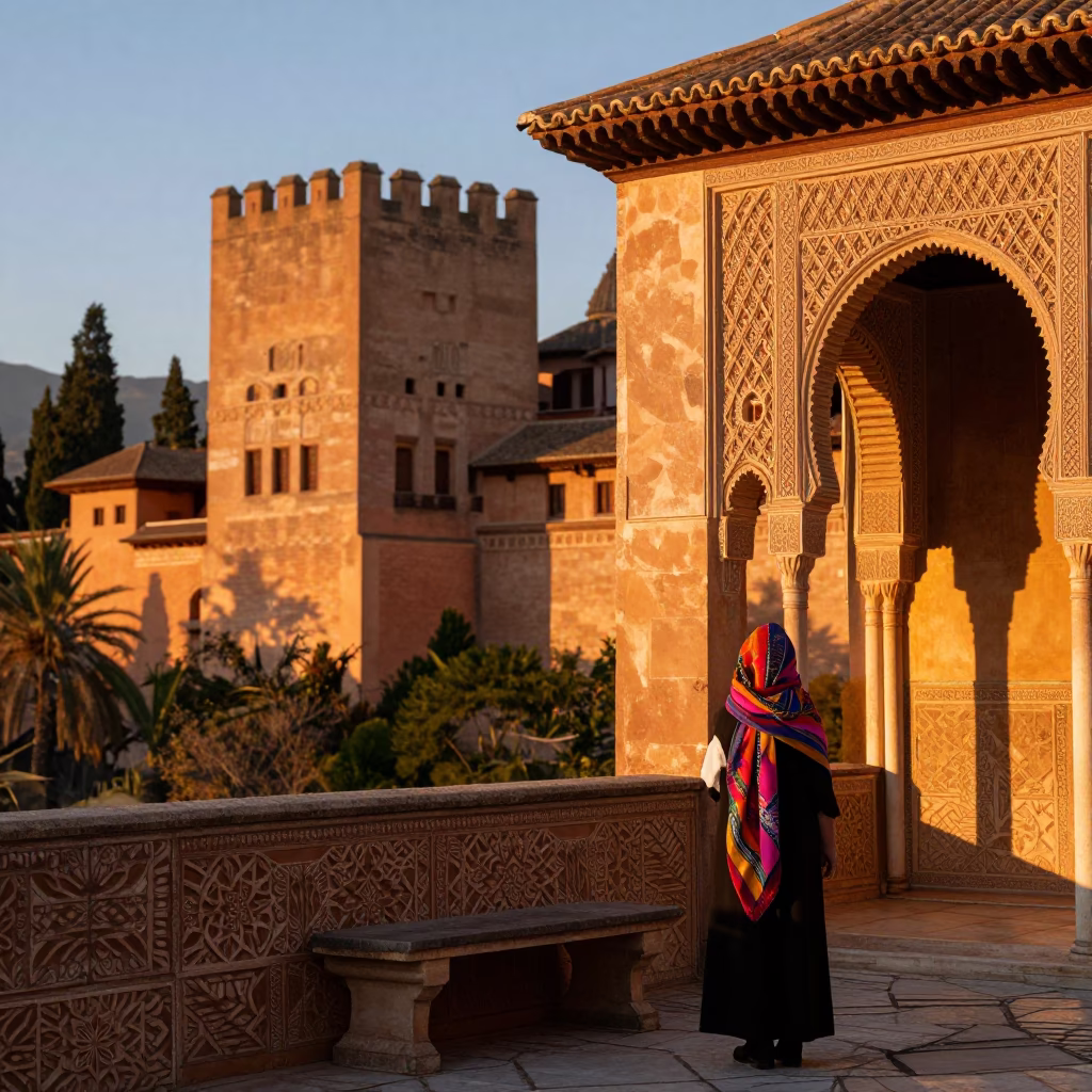 Sunset in Granada Spain Alhambra Palace Walls and Traditional Scarf Detail in in Granada, Spain