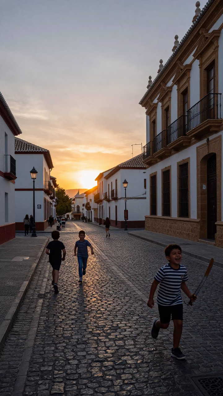 Sunset in Granada Spain street scene with children playing near historic architecture in in Granada, Spain