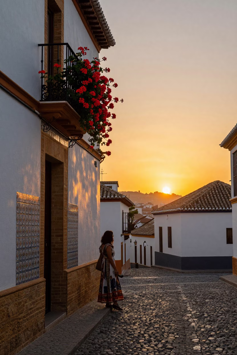 Sunset in Granada Spain with Geraniums and Traditional Architecture in in Granada, Spain