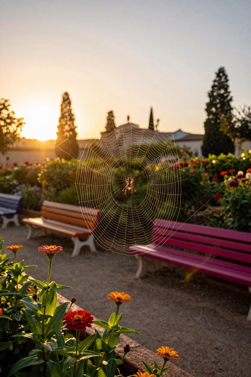 Sunset in Granada Spain with Golden Orb Weaver Web and Zinnias in in Granada, Spain