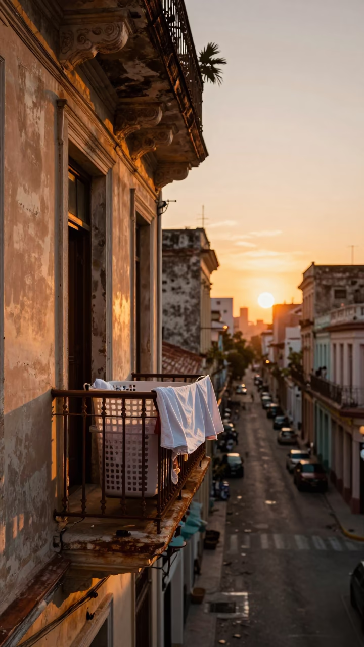 Sunset in Havana Cuba showing laundry basket on balcony with colonial architecture in in Havana, Cuba