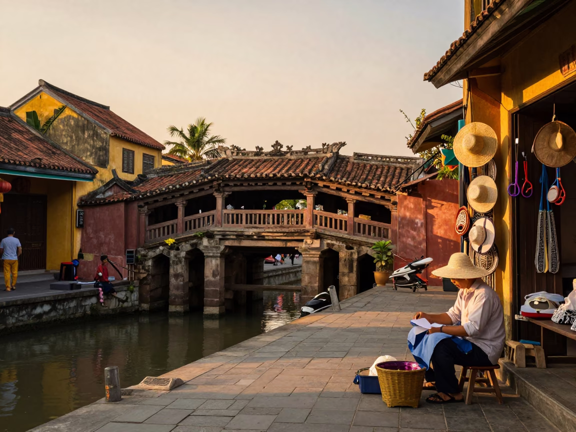 Sunset in Hoi An Vietnam with Tailor Shears and Sun Hats in in Hoi An, Vietnam