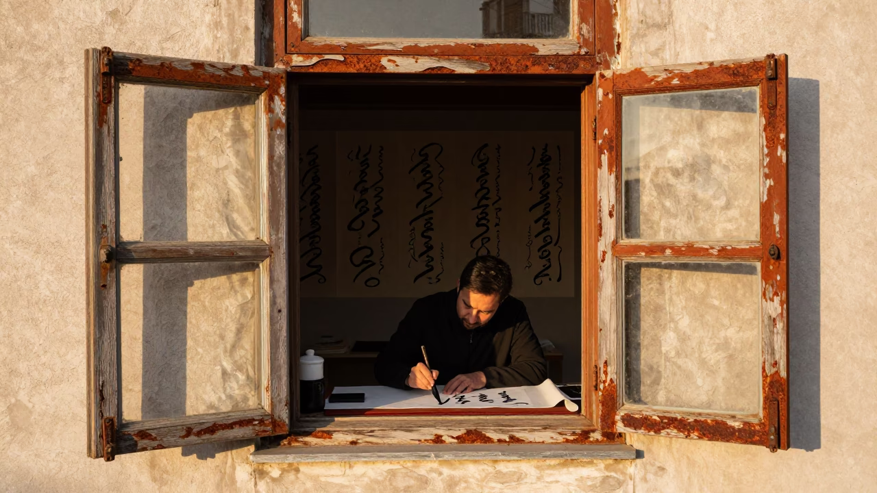 Sunset in Istanbul Turkey Rusty Window Frame and Traditional Calligraphy Demonstration in in Istanbul, Turkey