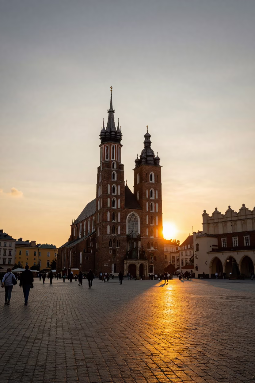 Sunset in Krakow at As The Sun Drops Toward The Horizon in in Krakow, Poland
