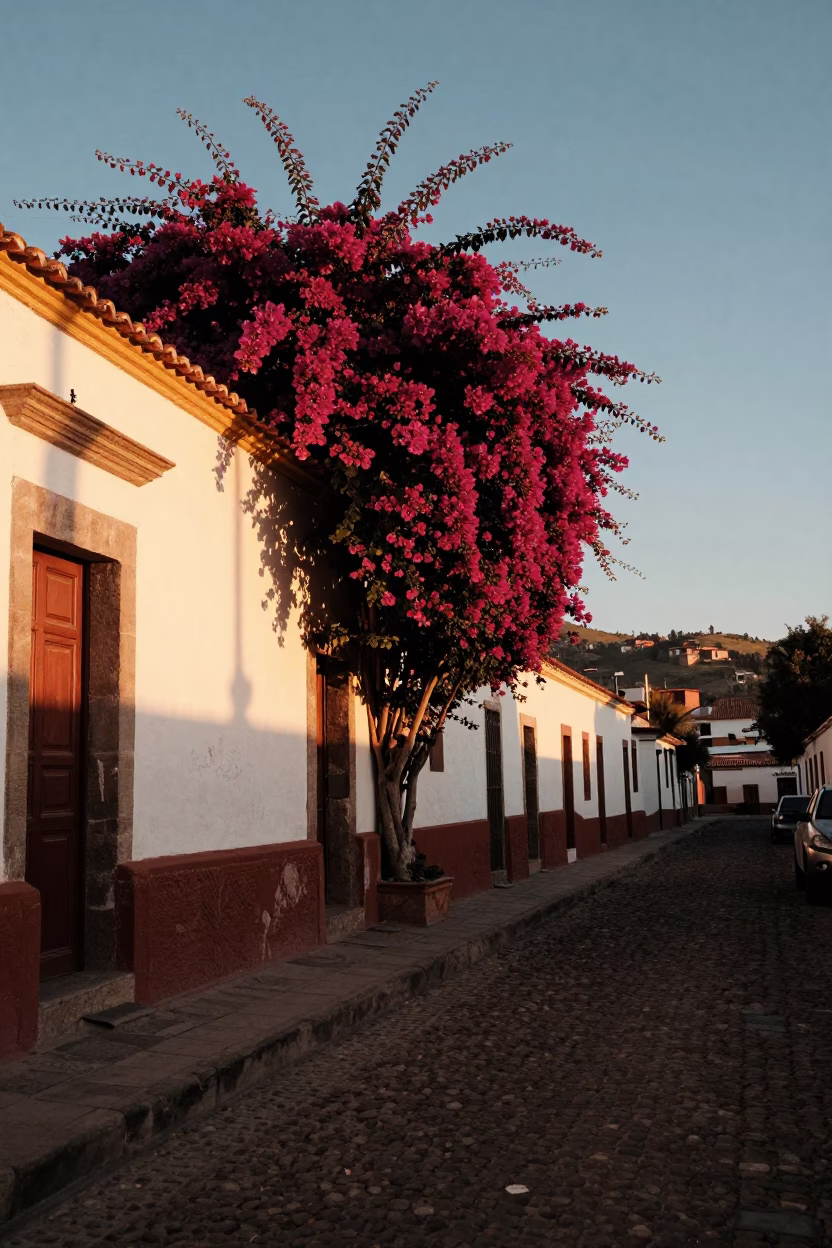 Sunset in La Paz Bolivia Street Scene with Bougainvillea and Daily Life in in La Paz, Bolivia