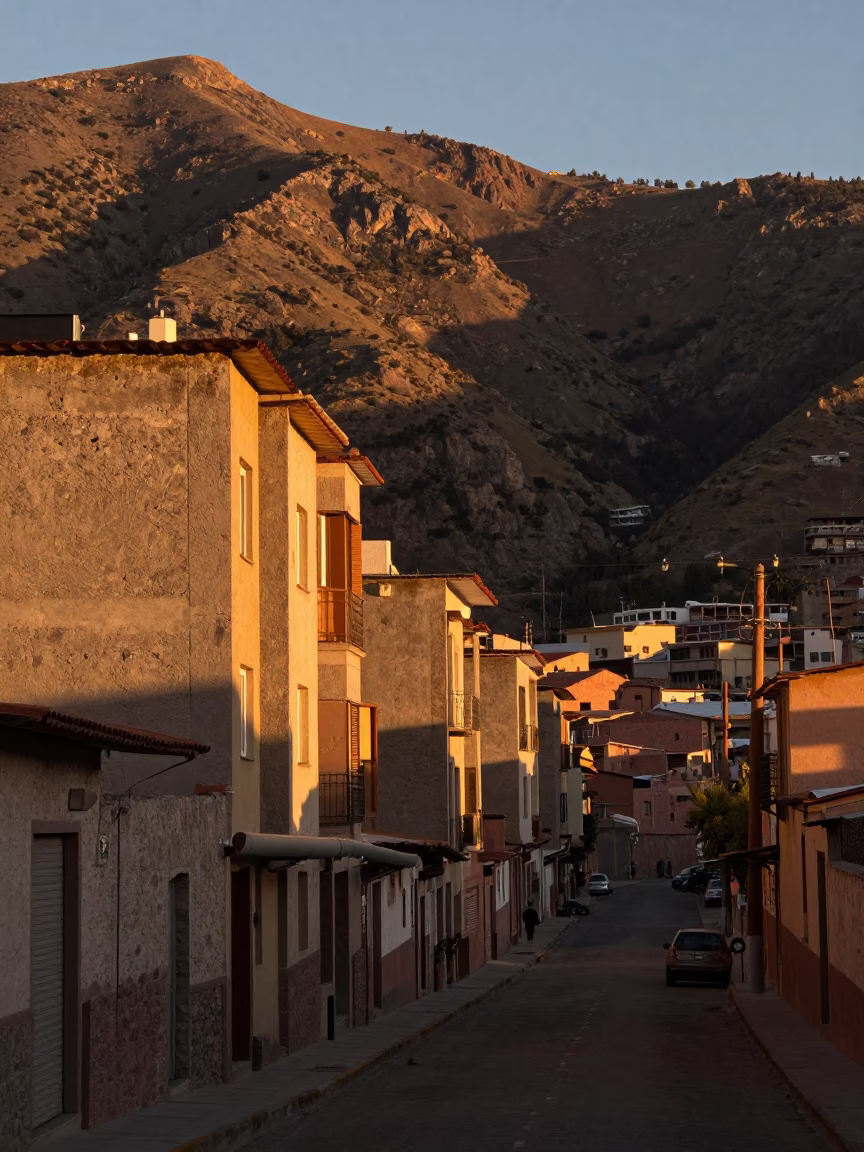 Sunset in La Paz Bolivia with District Heating Pipes and Andean Mountain Backdrop in in La Paz, Bolivia