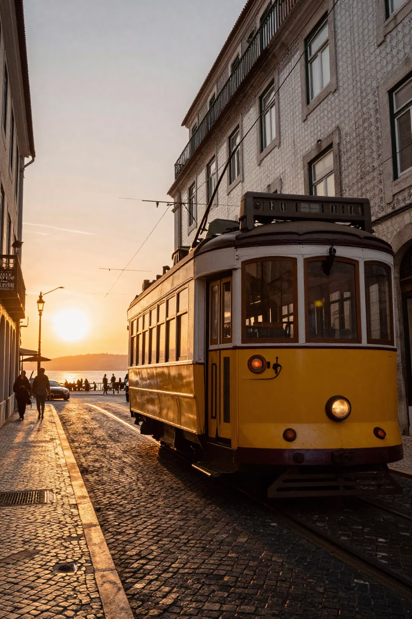 Sunset in Lisbon Portugal with Tram and Tile Facades in in Lisbon, Portugal