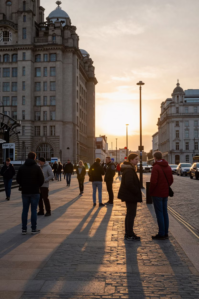 Sunset in Liverpool UK candid street scene with locals and urban architecture in in Liverpool, United Kingdom