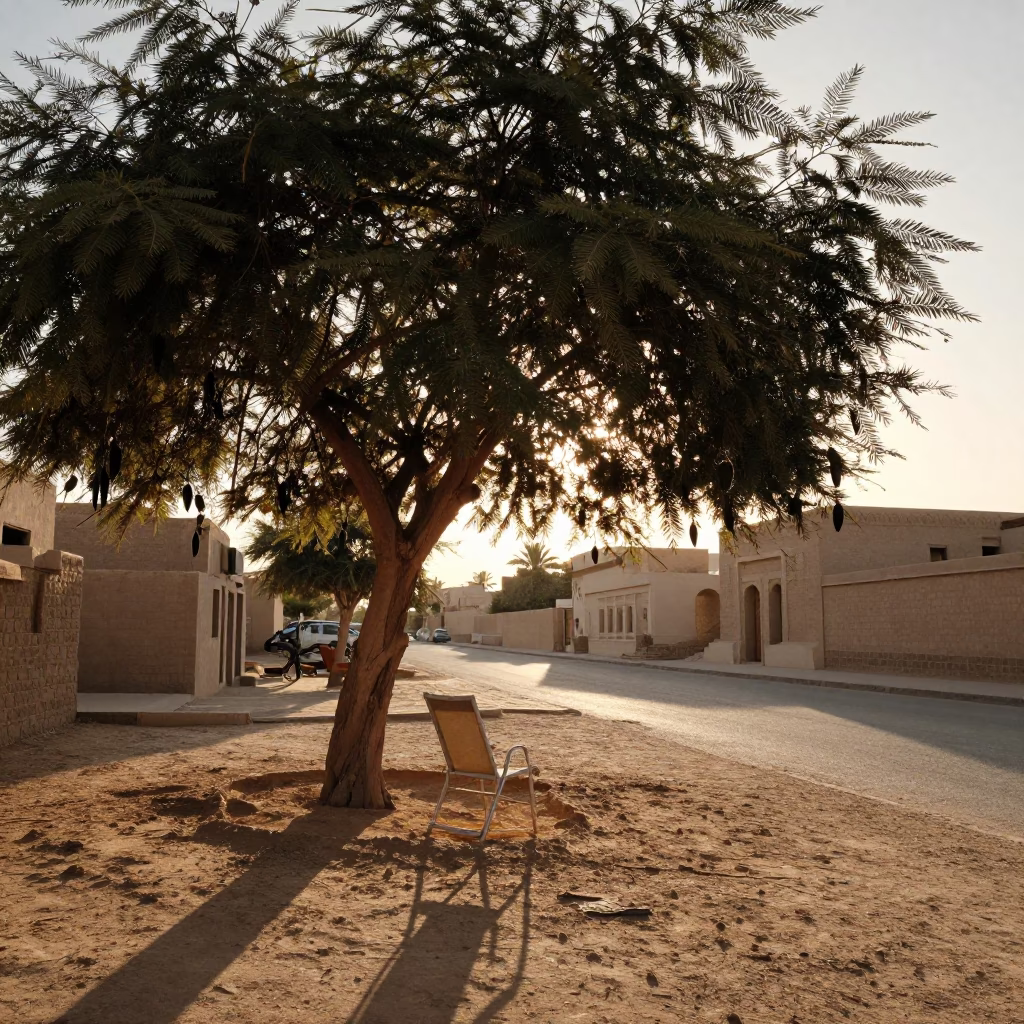 Sunset in Luxor Egypt with Tamarind Tree and Deck Chair in in Luxor, Egypt