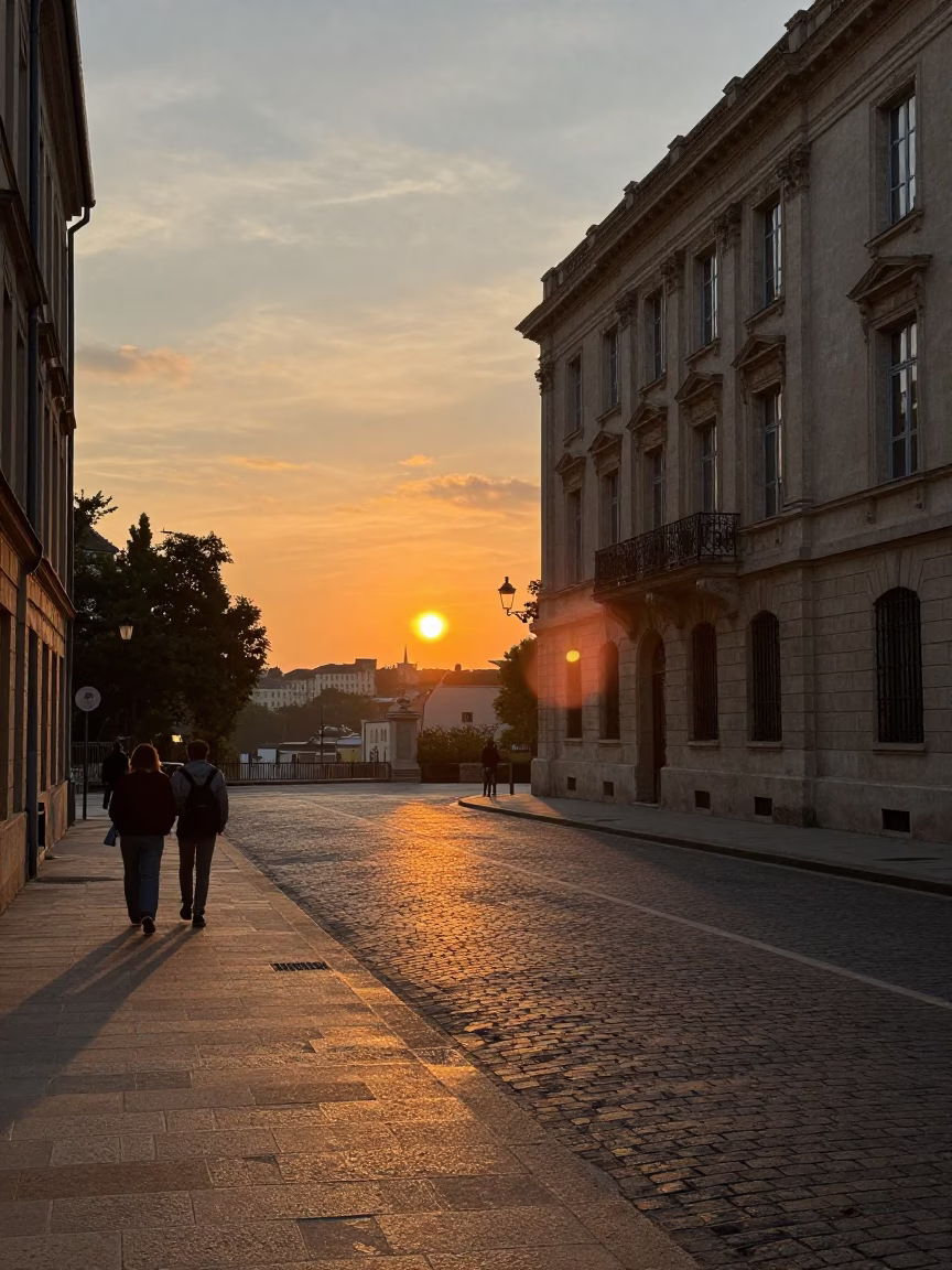 Sunset in Lyon at As The Sun Drops Toward The Horizon in in Lyon, France