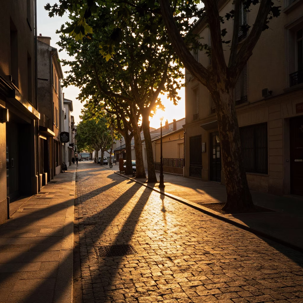 Sunset in Lyon France Street Scene with Leaf Shadows and Local Life in in Lyon, France