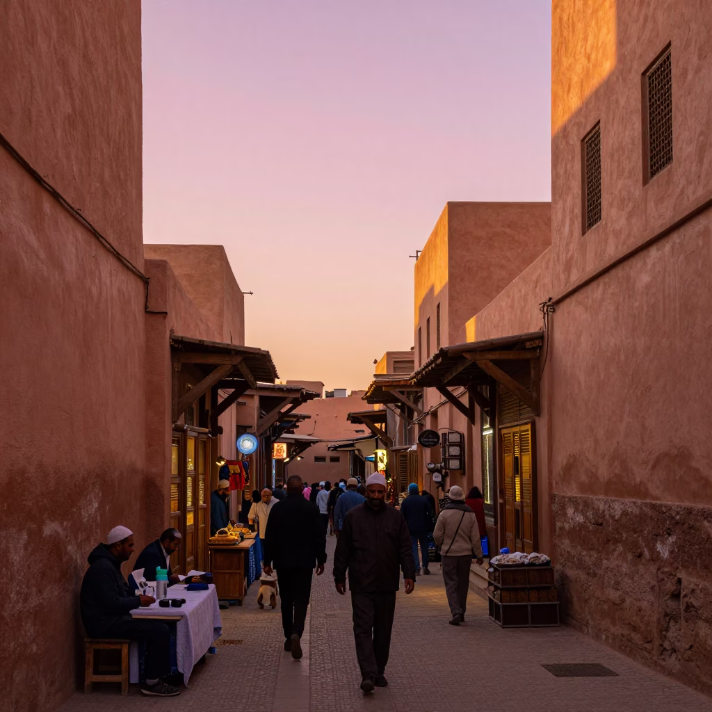 Sunset in Marrakech Medina Busy Souk Street with Vendor and Metal Bucket in in Marrakech, Morocco