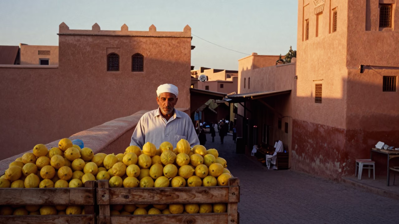 Sunset in Marrakech Medina Souk with Wooden Crate of Lemons in in Marrakech, Morocco