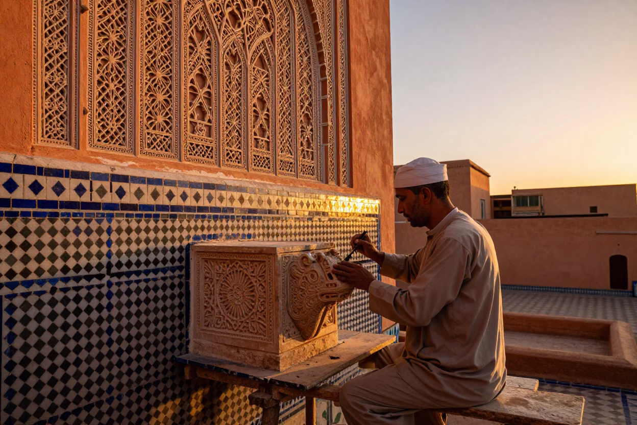 Sunset in Marrakech Medina with Artisan Stone Carving and Traditional Architecture in in Marrakech, Morocco