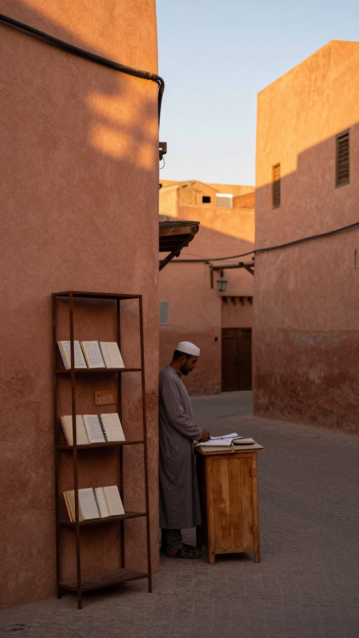 Sunset in Marrakech Morocco Street Scene with Notebook and Rusty Shelf in in Marrakech, Morocco