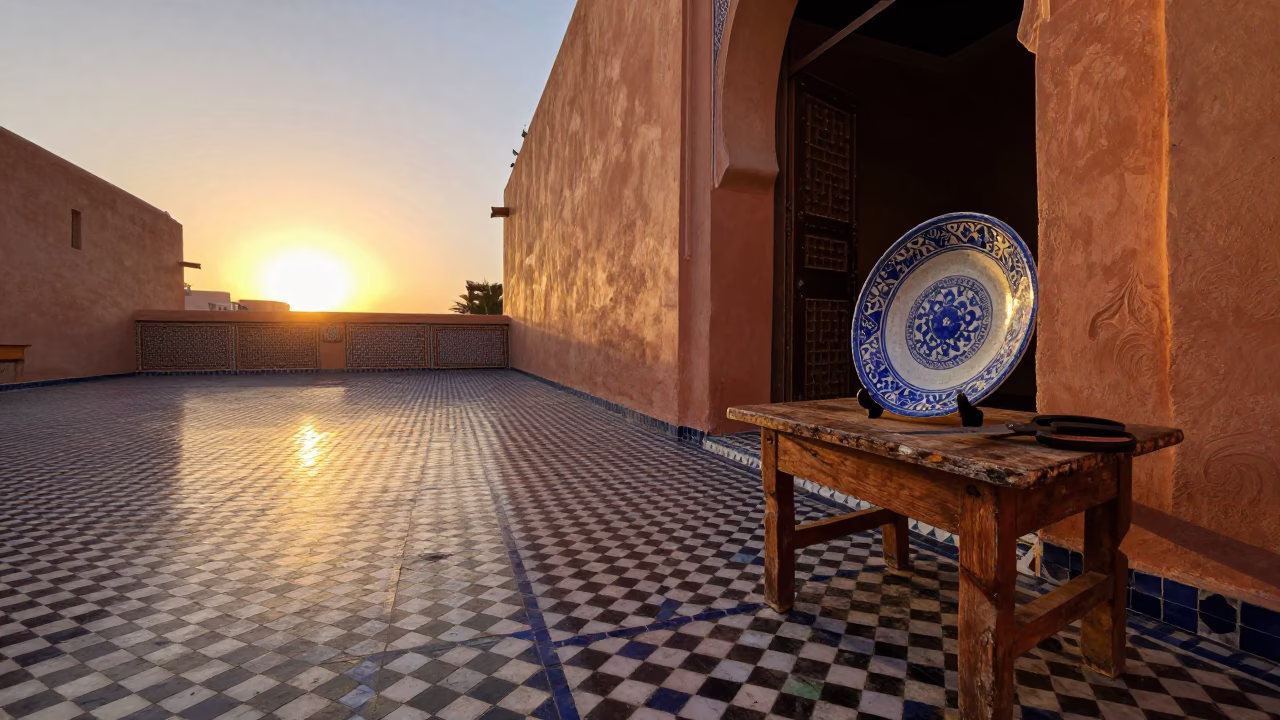 Sunset in Marrakech Morocco with Vintage Majolica Plate and Tailor Shears in Traditional Courtyard in in Marrakech, Morocco