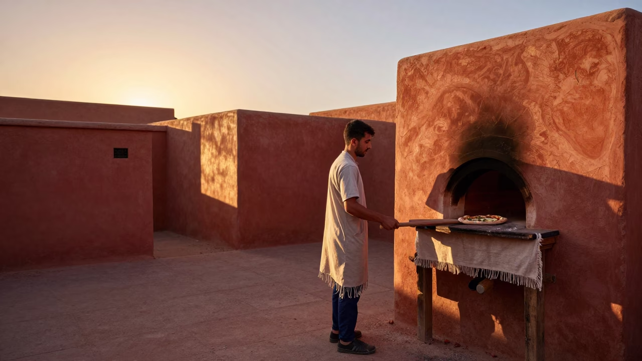 Sunset in Marrakech Morocco with Wood-Fired Pizza and Linen Fringe in in Marrakech, Morocco