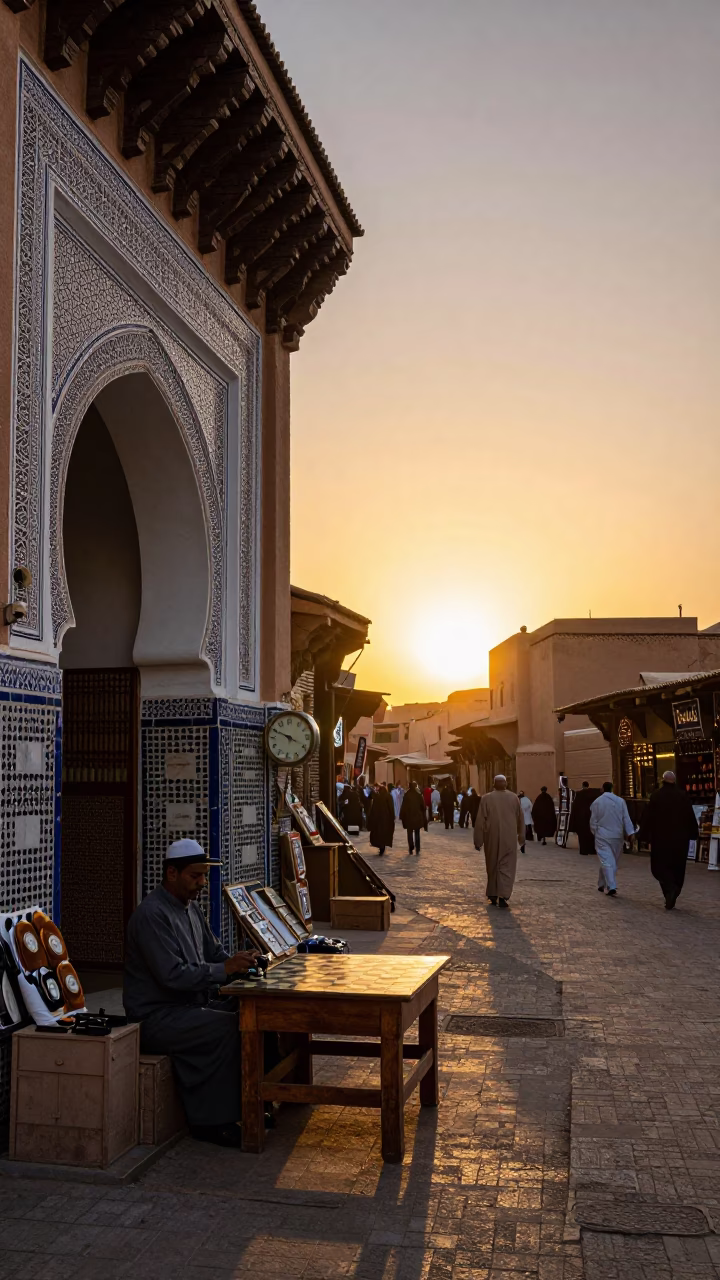 Sunset in Marrakech Souk with Chess Clock and Linen Napkin in in Marrakech, Morocco