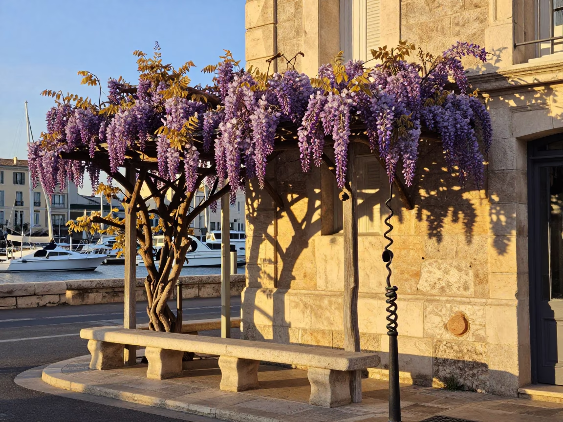 Sunset in Marseille France with Wisteria and Coiled Rope on Historic Harbor in in Marseille, France