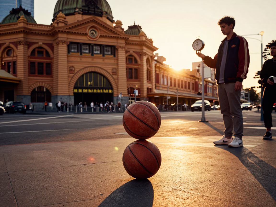 Sunset in Melbourne Victoria Australia with leather basketball and chess clock on street corner in in Melbourne, Victoria, Australia