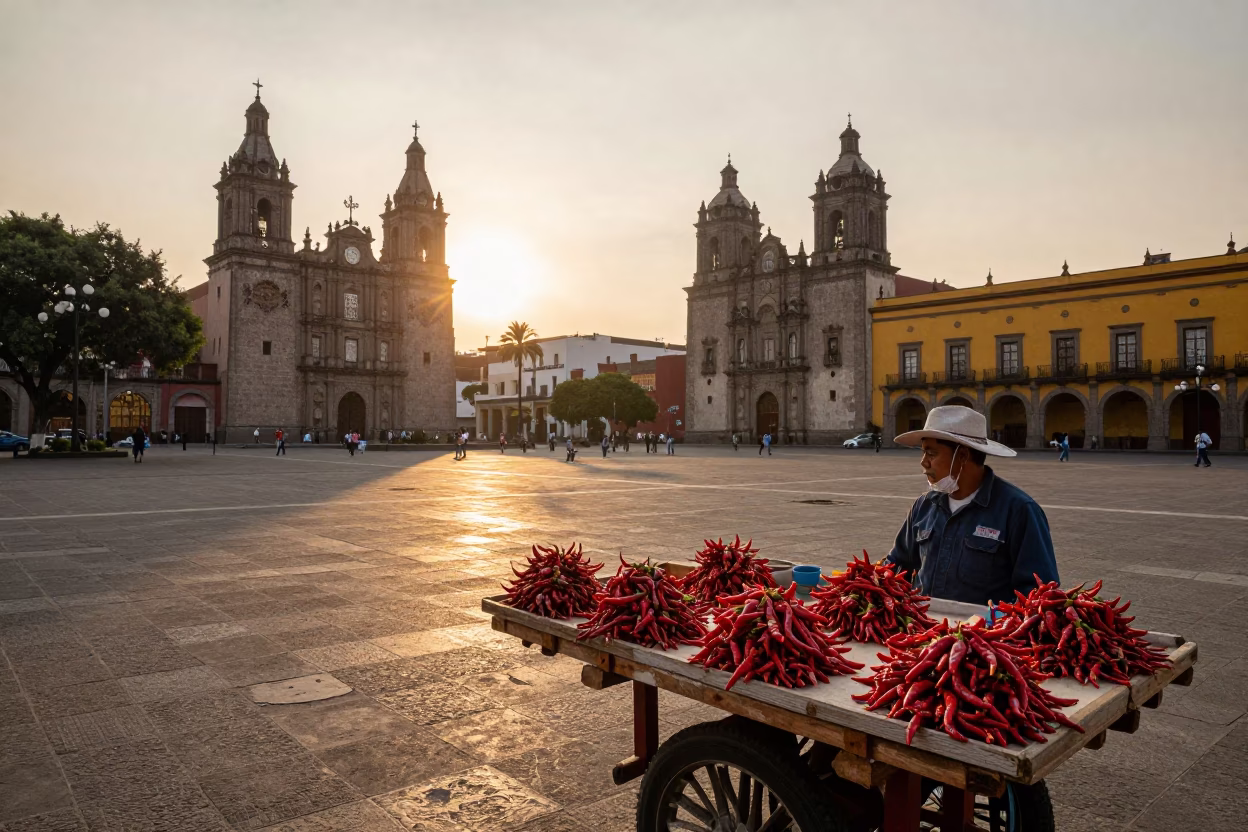 Sunset in Mexico City Plaza with Chili Peppers and Urban Architecture in in Mexico City, Mexico