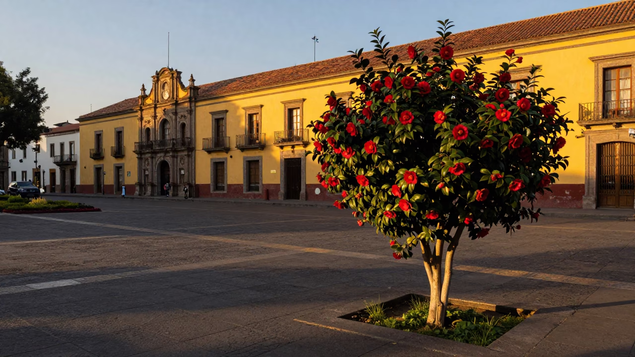 Sunset in Mexico City Plaza with Red Camellia Shrub and Brass Details in in Mexico City, Mexico
