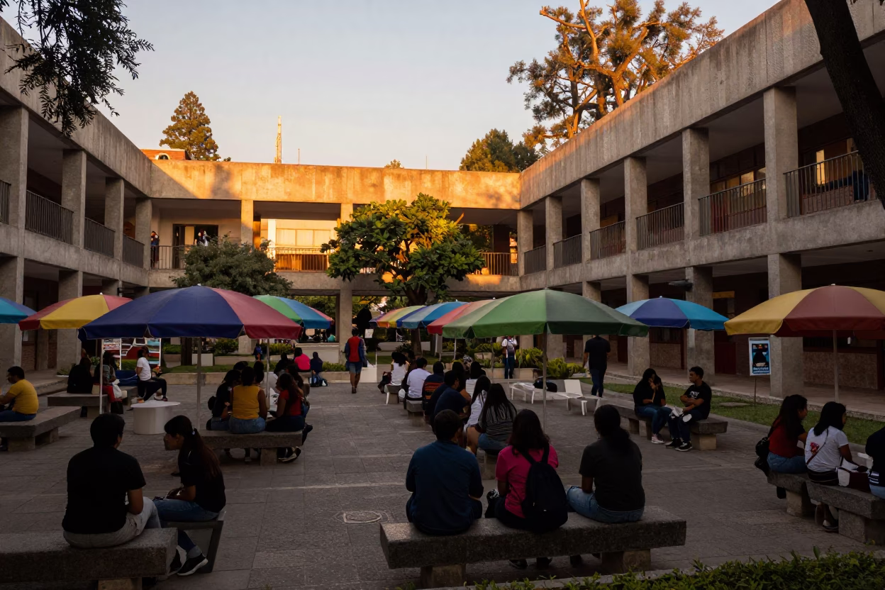 Sunset in Mexico City University Courtyard with Umbrellas and Student Life in in Mexico City, Mexico
