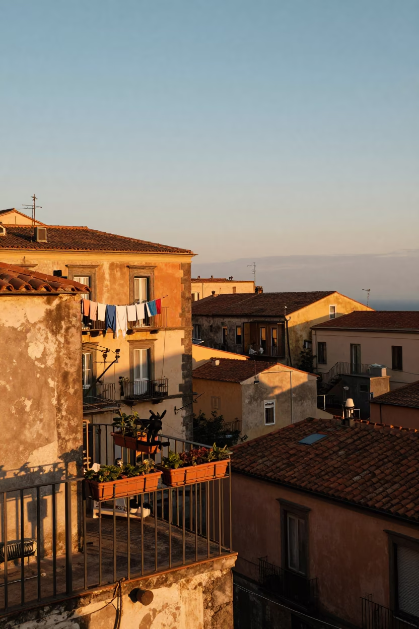 Sunset in Naples Italy with Hanging Laundry and Traditional Architecture in in Naples, Italy