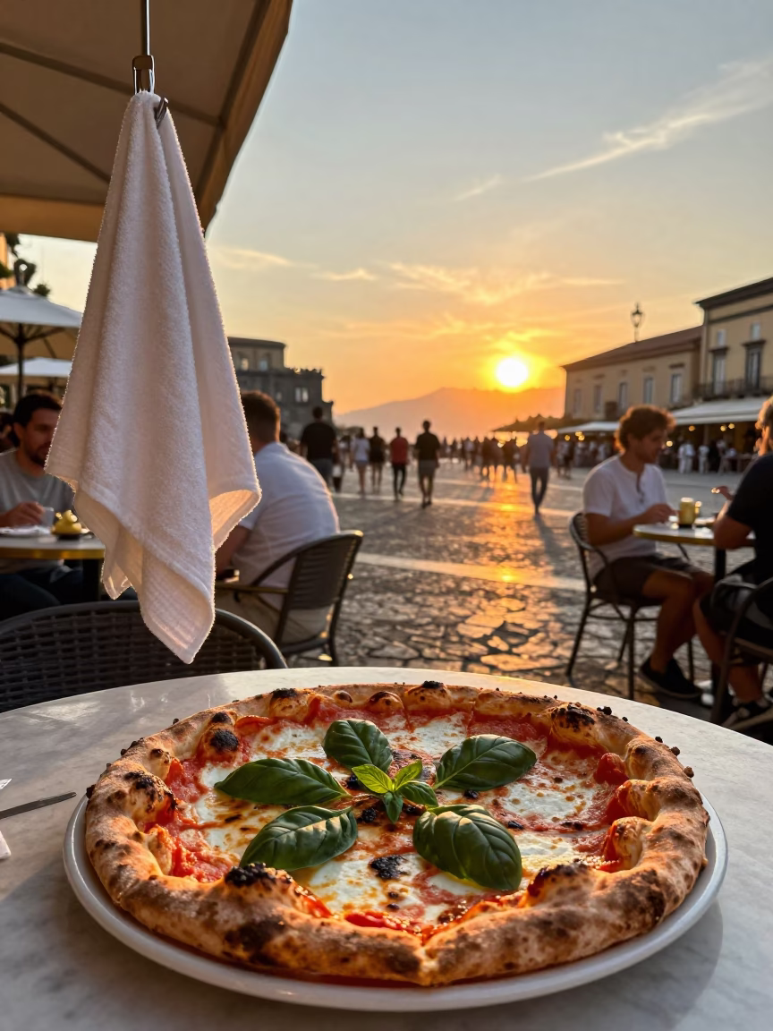Sunset in Naples Italy with Pizza Basil Plate and Towel Hook in in Naples, Italy