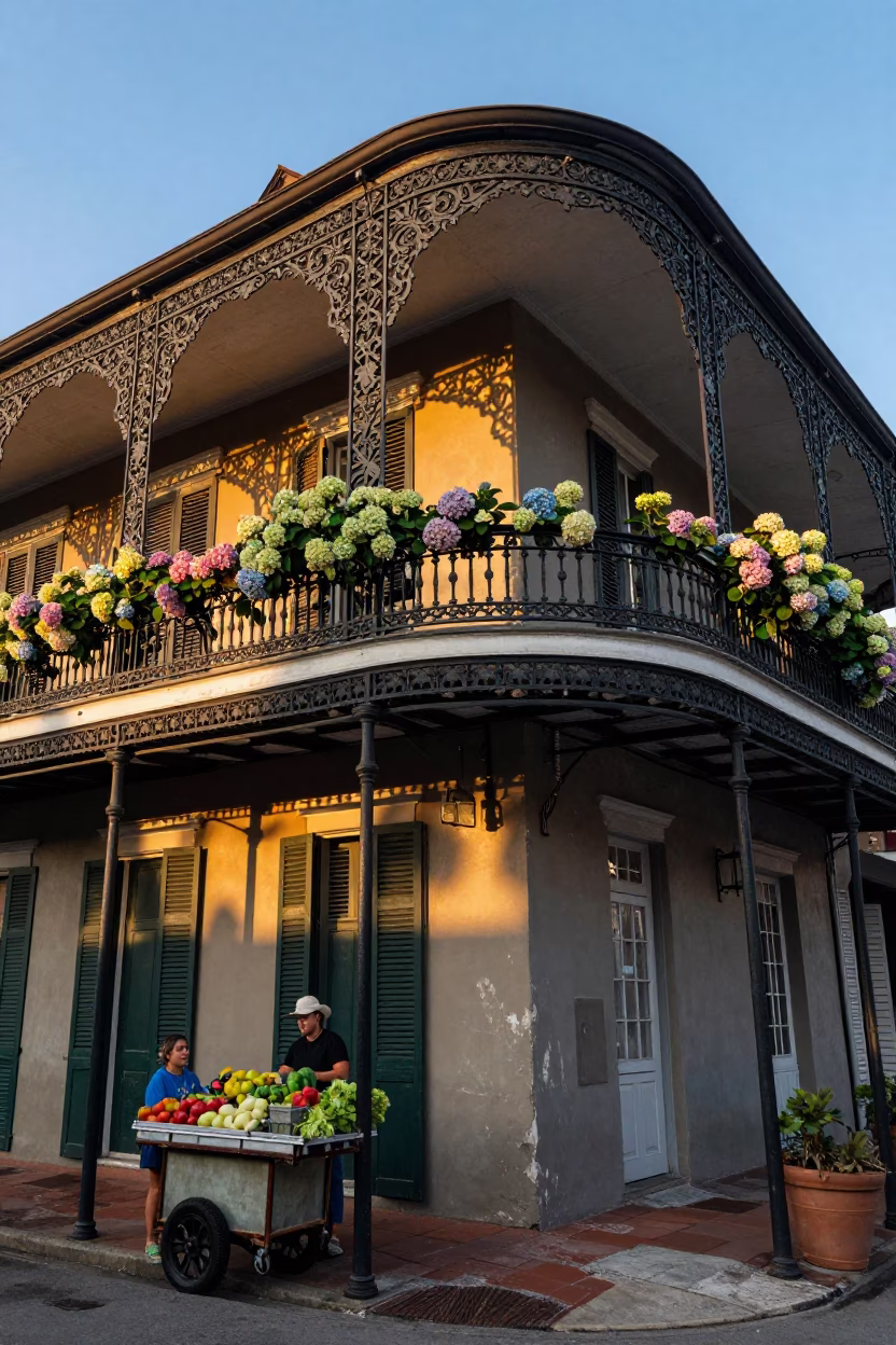 Sunset in New Orleans French Quarter with Iron Balconies and Hydrangeas in in New Orleans, Louisiana, United States