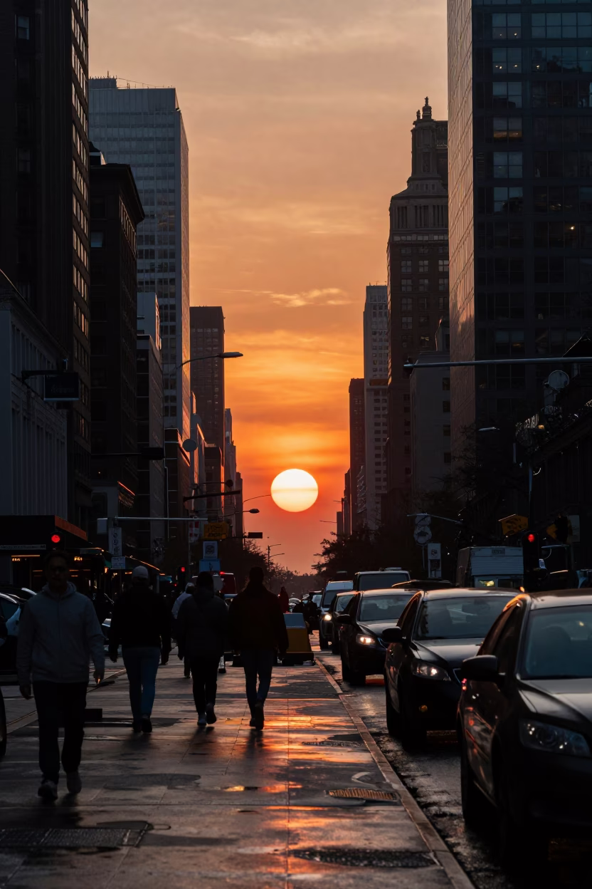 Sunset in New York at As The Sun Drops Toward The Horizon in in New York, New York, United States