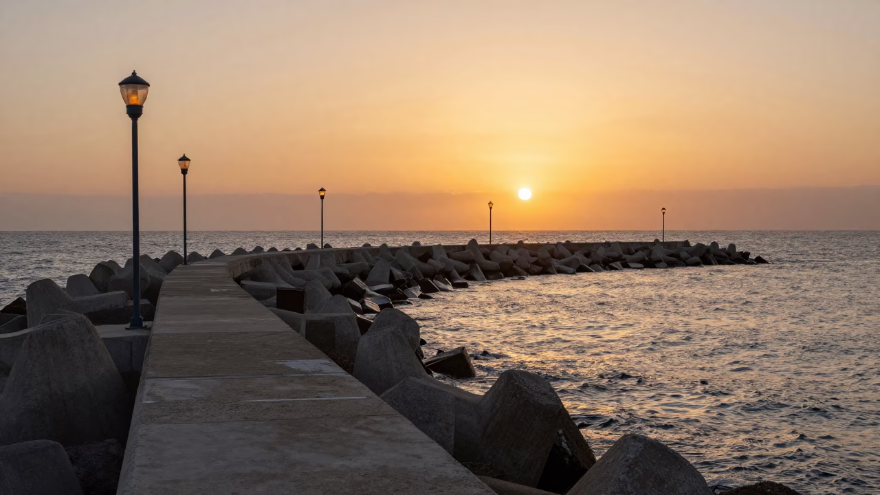 Sunset in Nice France Coastal Breakwater Lined with Warning Beacons at Dusk in in Nice, France