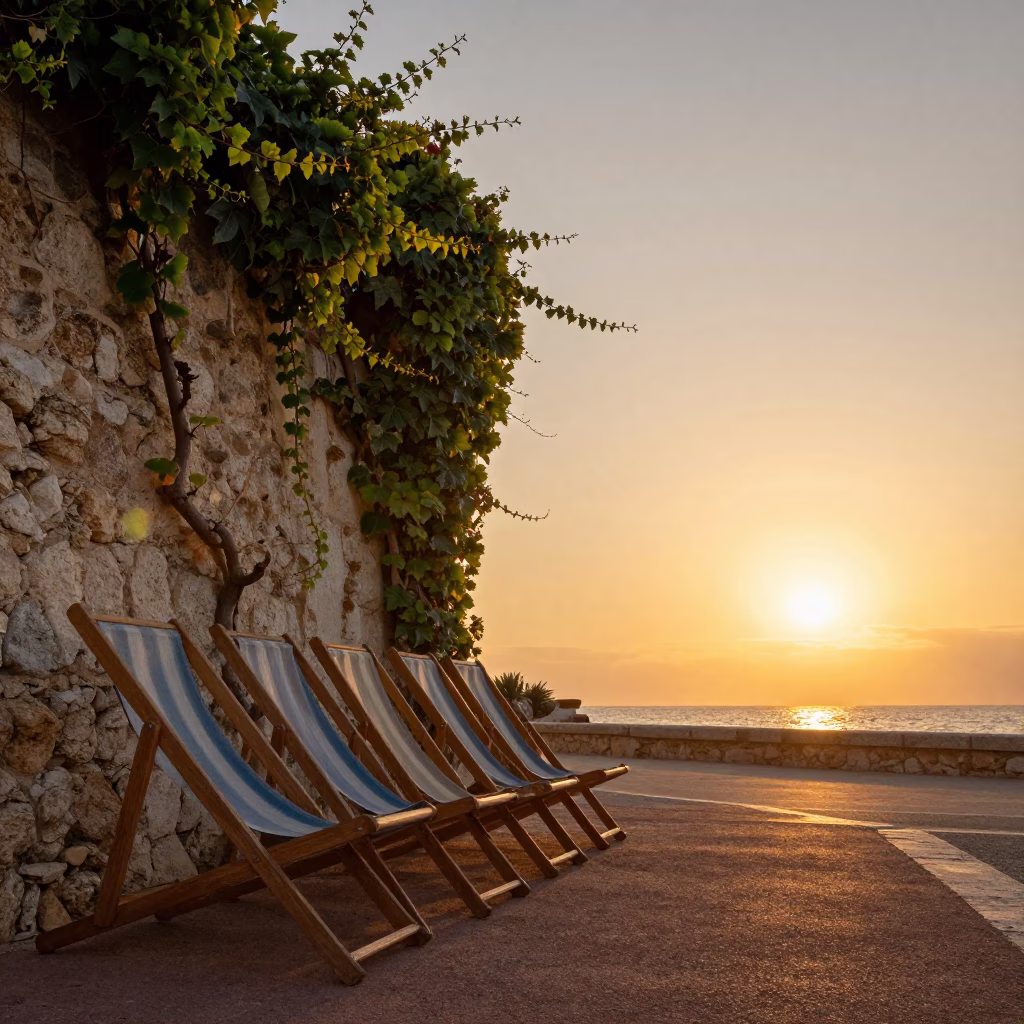 Sunset in Nice France with Deck Chairs and Ivy Vines in in Nice, France