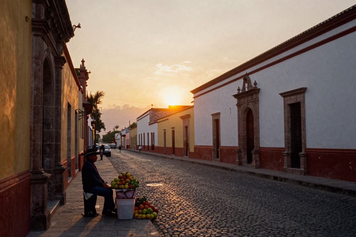 Sunset in Oaxaca Mexico Street Scene with Fruit Vendor and Traditional Market Activity in in Oaxaca, Mexico
