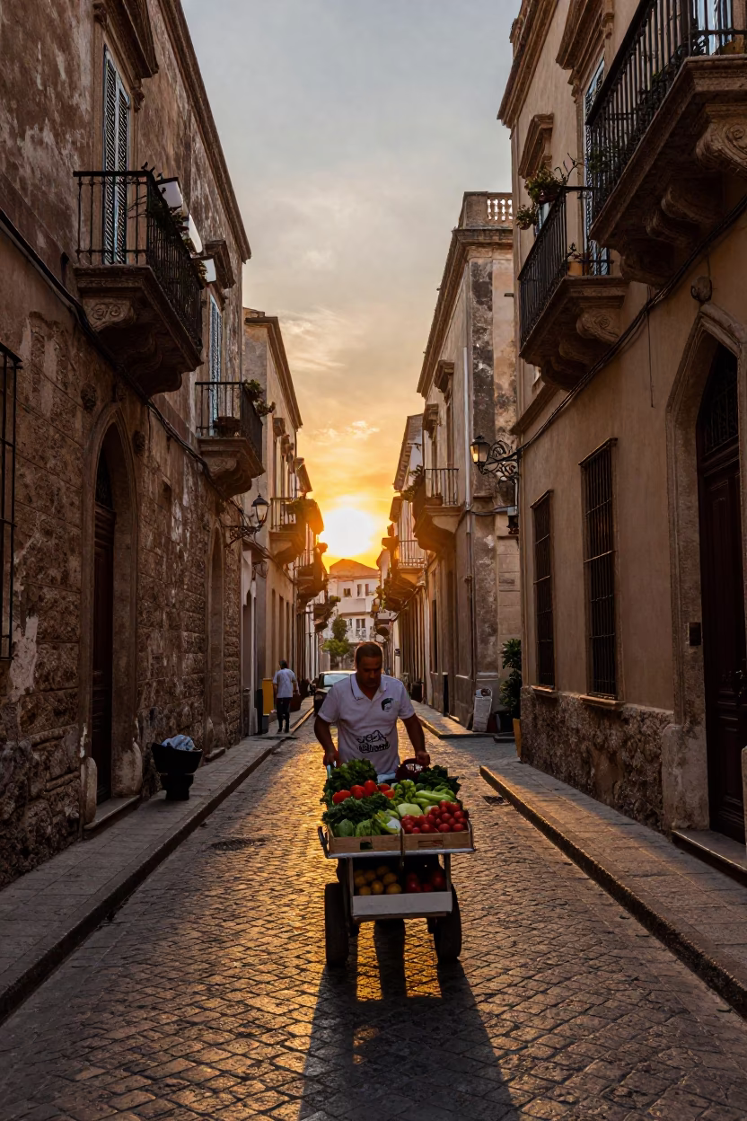 Sunset in Palermo Italy street scene with local food and traditional architecture in in Palermo, Italy