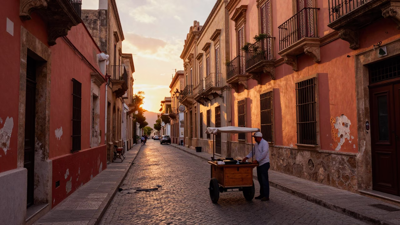 Sunset in Palermo Italy Street Scene with Traditional Architecture and Local Life in in Palermo, Italy