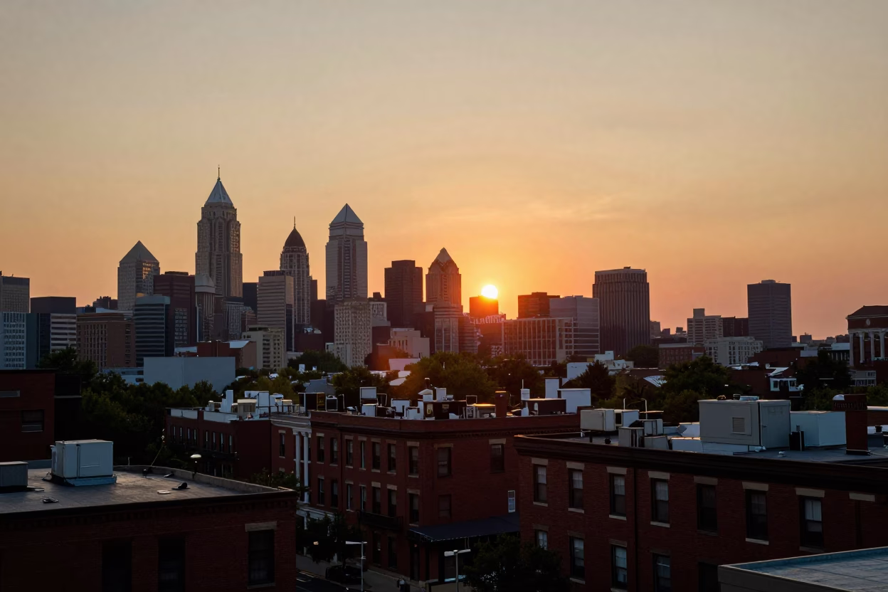 Sunset in Philadelphia at As The Sun Drops Toward The Horizon in in Philadelphia, Pennsylvania, United States