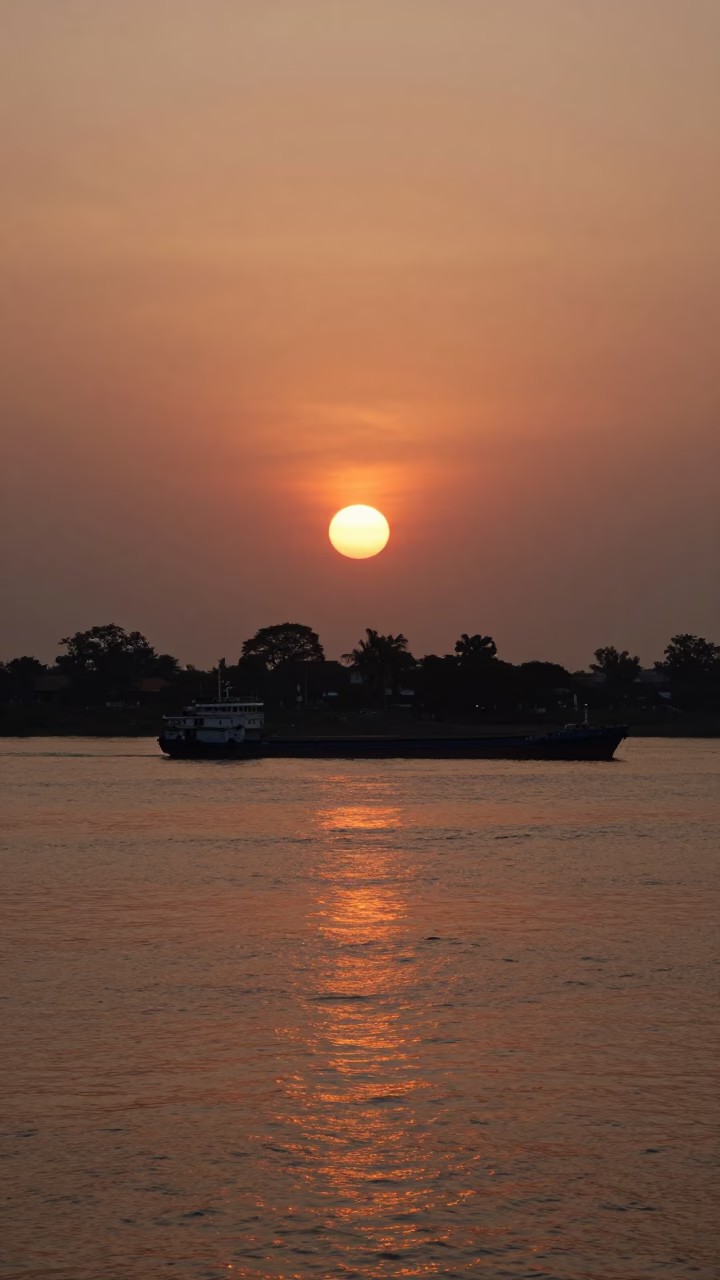 Sunset in Phnom Penh at As The Sun Drops Toward The Horizon in in Phnom Penh, Cambodia