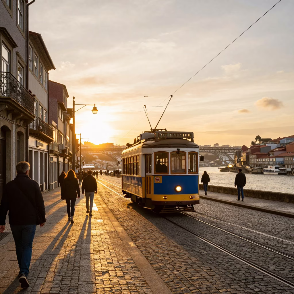 Sunset in Porto Portugal with Tram and River View in in Porto, Portugal
