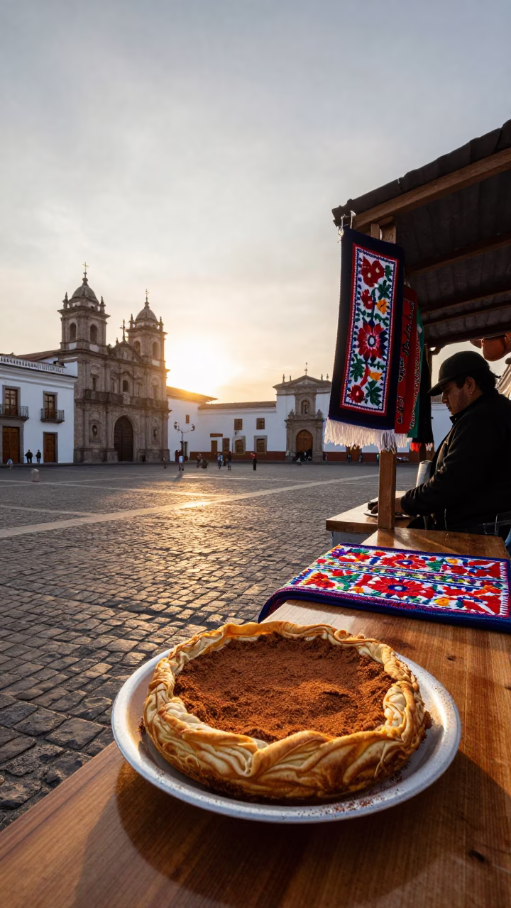 Sunset in Quito Ecuador Plaza with Cinnamon Pastilla and Embroidered Textiles in in Quito, Ecuador