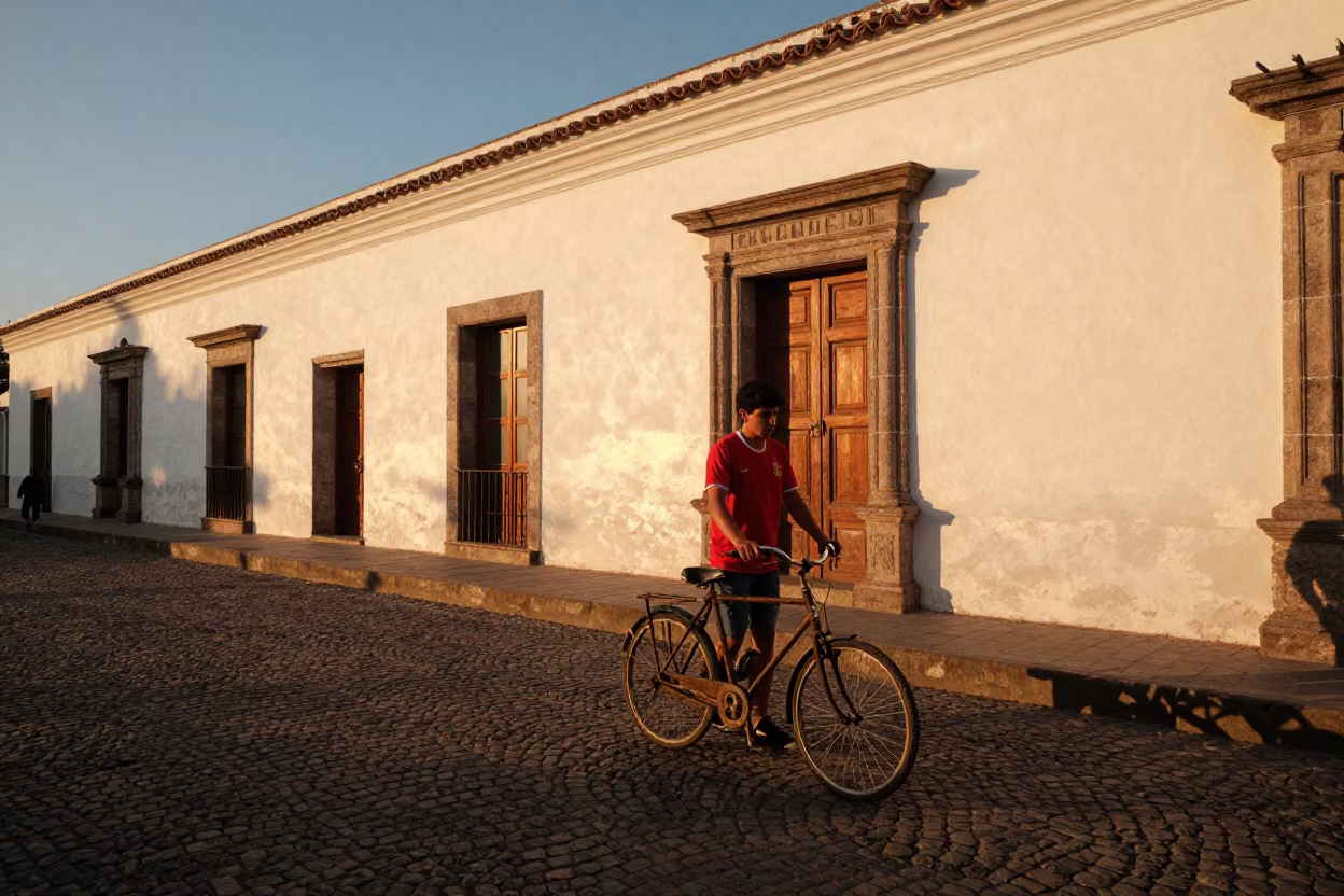 Sunset in Quito Ecuador street scene with bicycle and colonial architecture in in Quito, Ecuador
