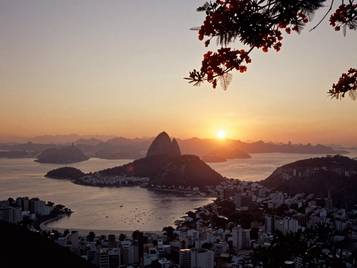Sunset in Rio de Janeiro Brazil with Amaranth Flowers and Urban Street Life in in Rio de Janeiro, Brazil